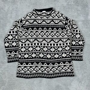 J.JILL Thick Knit Cotton Wool Blend Black & White Pullover Mock Neck Sweater L